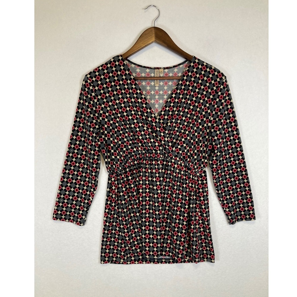Retro Y2K Susan Lawrence Women Medium Pink Black Geo Print 3/4 Sleeve Wrap Top
